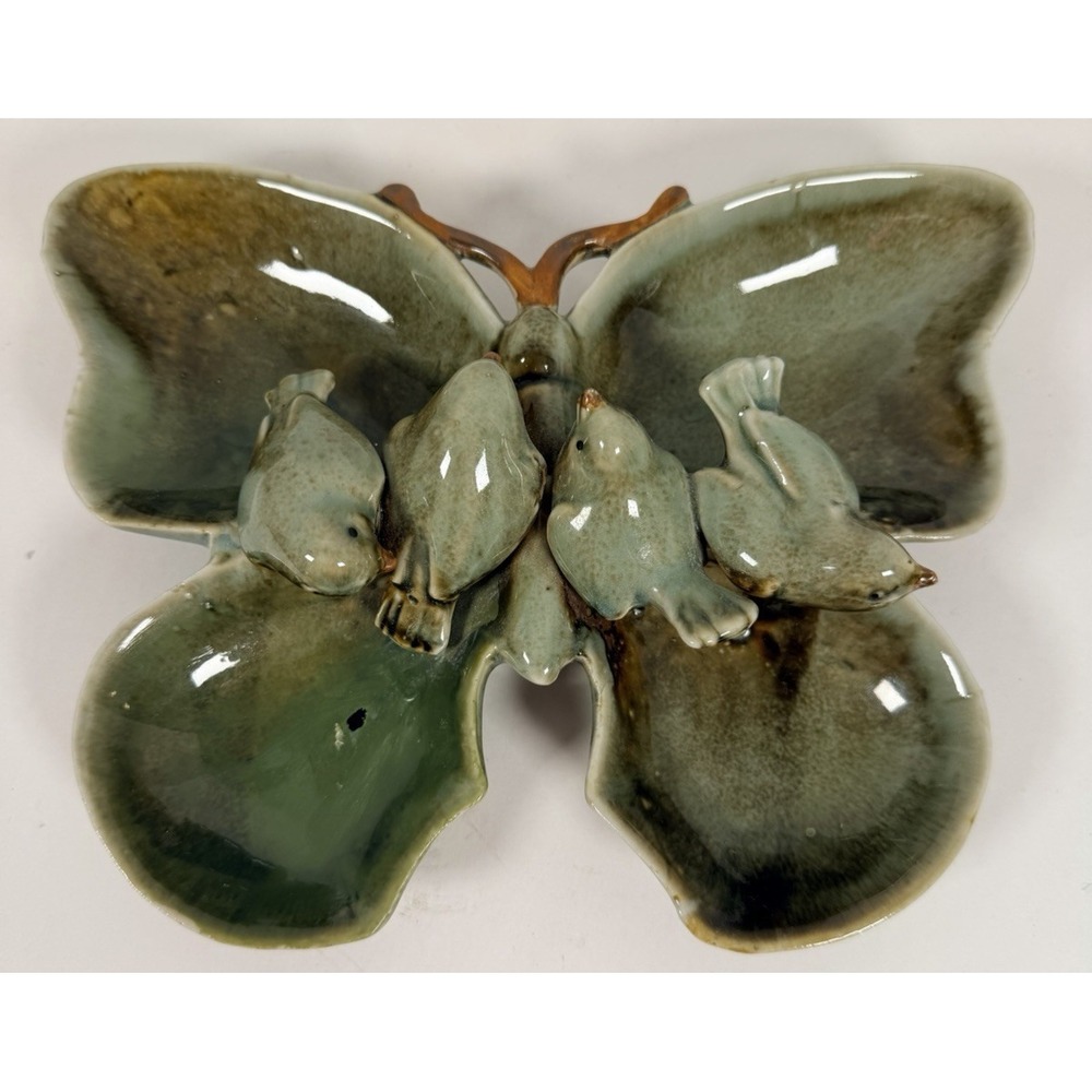 Vintage Ceramic Pottery Trinket Candy Dish Butterfly with Perched Birds Glazed